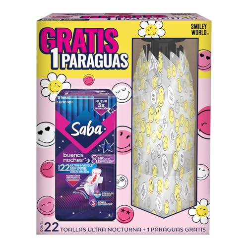Cuidado Femenino, Drugstore Saba Ultra Invisible Buenas Noches, Toallas Femeninas Nocturnas Con Alas, Flujo Súper Abundante, 22 Piezas + Increíble Paraguas Smiley World de regalo (3...