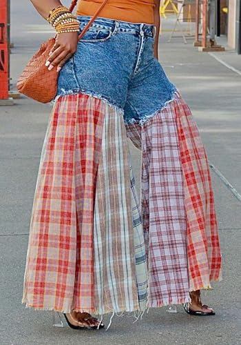 Womens Jeans Casual Denim Plaid Patchwork High Waisted Y2k Jeans Plus Size Long Wide Leg Pants Jeans2