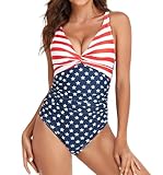 Picture of Smismivo Women's Tummy Control Swimsuit One Piece Slimming Ruched Push Up Bathing Suit Vintage Padded Retro V Neck Swimwear, American Flag, X-Large