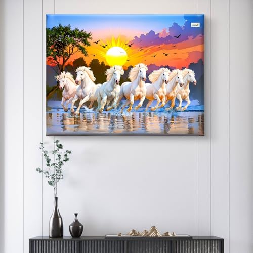 Image of 7 Horses Painting - Rising Sun Canvas Painting for Wall Decoration | 24 x 18 Inch 7 Horse Canvas on 7mm MDF with 400 GSM Canvas | Vastu Wall Decor for Living Room & Bedroom