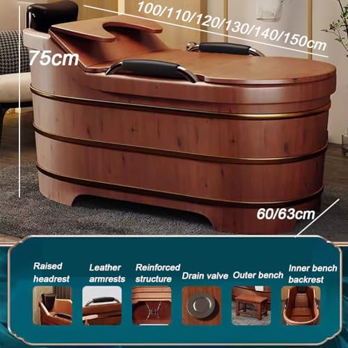 TT-YEC Verdickte Massive Holzbadewanne, Freistehende Bad Freistehende Nicht-Rutschbadewanne, Badewanne Mit Innerer Bank, Außenbank, Abflussventil, Oriental Classic Badewanne,L150cm – Bild 8