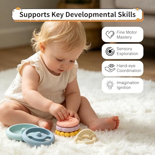 LITTLE RAWR 2-IN-1 Baby Stacking Rings & Teething Toys, Food Grade Silicone Montessori Stacking Toy for Babies 6-12 Months, Sensory Learning & Fine Motor Skills Toy, Baby Gift for Boys Girls (Rainbow) - Image 3