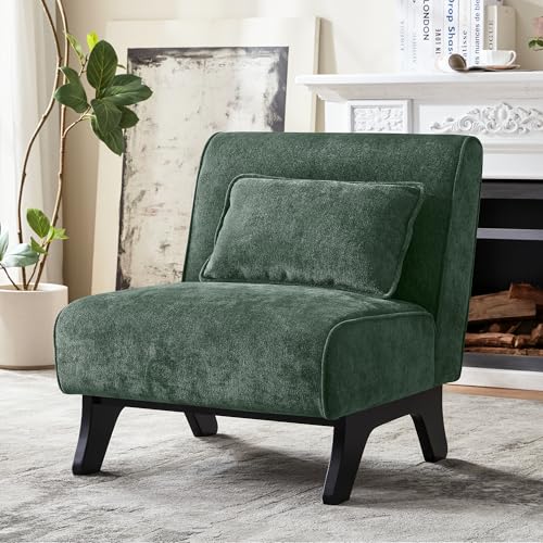 Womina Upholstered Armless Accent Chair Modern Comfy Living Room Chairs with Wooden Legs& Pillows Lounge Sofa Side Chair for Bedroom Farmhouse Reading (1 Green)