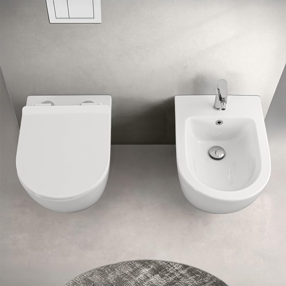Set Sanitari Vaso + Bidet Sospesi Rimless Bianco con Copriwater Soft-Close