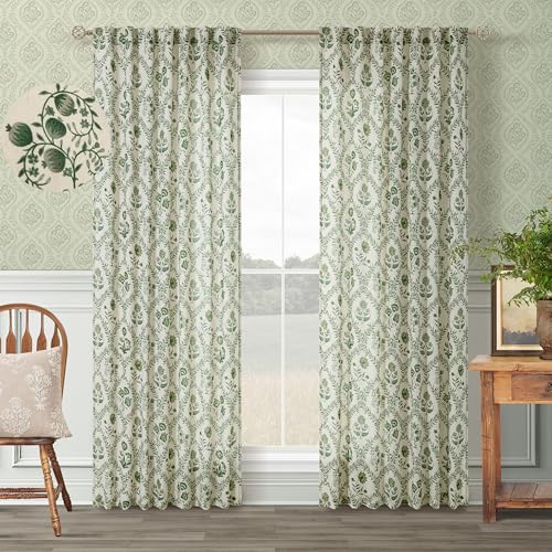 Image of Olive Floral Linen Curtains for Living Dining Room 86 Inch Length 2 Panels
