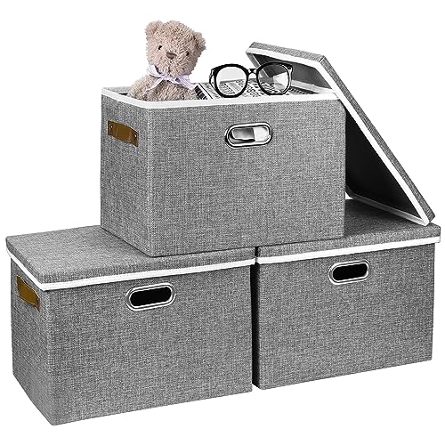 Rossivan Fabric Storage Boxes with Lid, Foldable Linen Storage Bins Organizer Containers Baskets Cube with Handles for Home Closet Office Shelf Nursery (Grey, 3pcs)