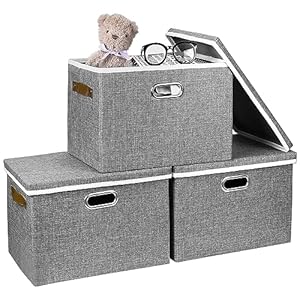 Rossivan Fabric Storage Boxes with Lid, Foldable Linen Storage Bins Organizer Containers Baskets Cube with Handles for Home Closet Office Shelf Nursery (Grey, 3pcs)