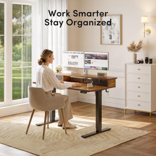 Image of FEZIBO 48 x 24 Inch Electric Standing Desk with 2 Drawers, Rustic Brown