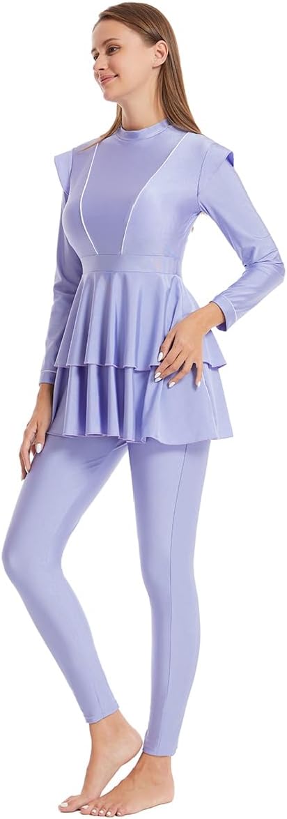 IBAKOM Muslim Swimsuit for Women Burkini Long Pleated Skirt with Swim Cap Modest Bathing Suit Islamic Surfing Rash Guard Set