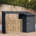 ChicFurnit 106.5" Outdoor Steel Firewood Rack, Wood Shed with Door, Outdoor Metal Storage Shed with Sloped Roof, Multi-Functional Two-In-One Outdoor Steel Firewood Shed, Open Wood Design,Black