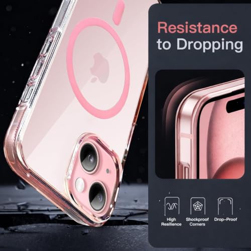 Image of Elzzi Translucent Clear Back Cover Compatible with iPhone 15, PC Shockproof Scratch Resistant, Non-Yellowing, Support Mag-Safe Wireless Magnetic Charging Case - Pink