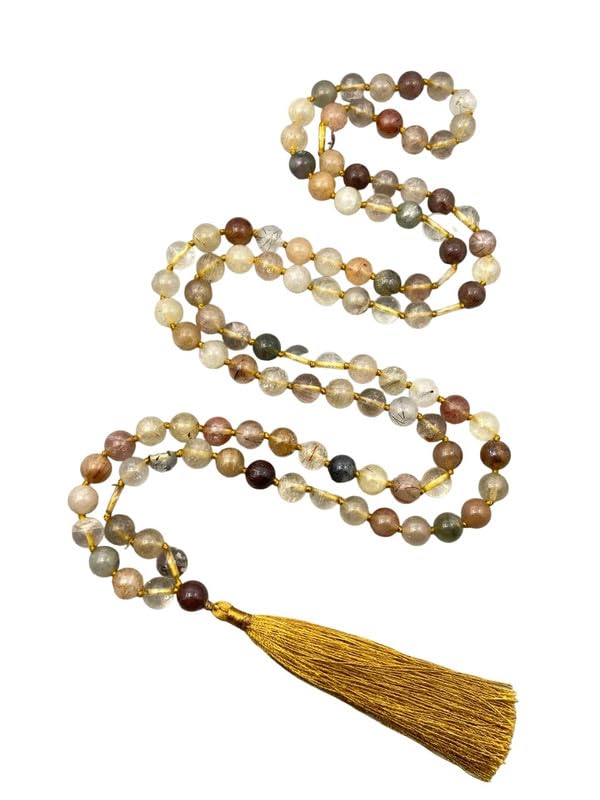 Natural AAA Cuarzo Rutilado Dorado Mala, Collar de Oración, Mala Tibetano, Mala Anudada de 6mm, Mala de Cuarzo Rutilado de 108 Cuentas, Mantra Japa Mala