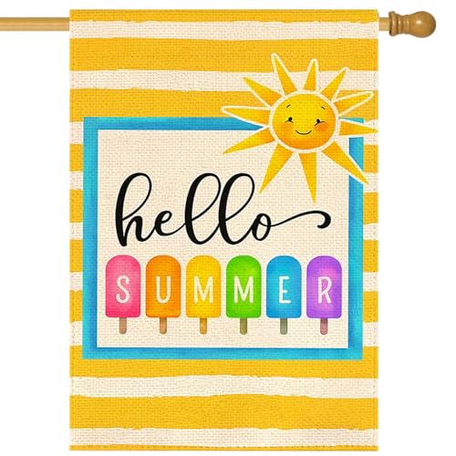 RABUSOFA Hello Summer Garden Flag 28x40 Inch Double Sided for Outside Popsicle Sun Striped Beach Seasonal Holiday Large Garden Flag Outdoor Decoration 17-28