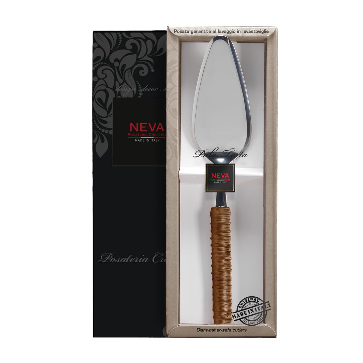NEVA | BISTROT Rattan Cake Server, Stainless Steel Cutlery Set, Dishwasher, Permanent Decoration, Leather