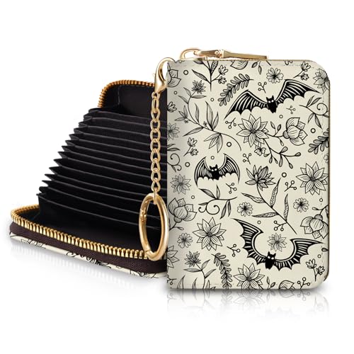 Goth Bat Credit Card Holder for Women, Gothic Floral Small RFID Wallet with Zipper, Card Keychain Wallet, Leather Wallet Card Case, Business Accordion Wallet Gift