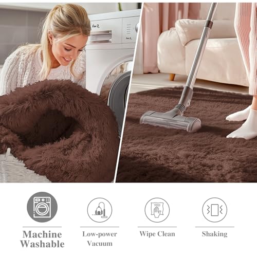 OLANLY Coffee Round Rugs for Bedroom - Machine Washable, 8 ft Circle Area Rugs for Living Room, Soft and Fluffy Shaggy Carpet for Teen Girls and Boys, Nursery Rooms, Dorms, Home Decor Aesthetic