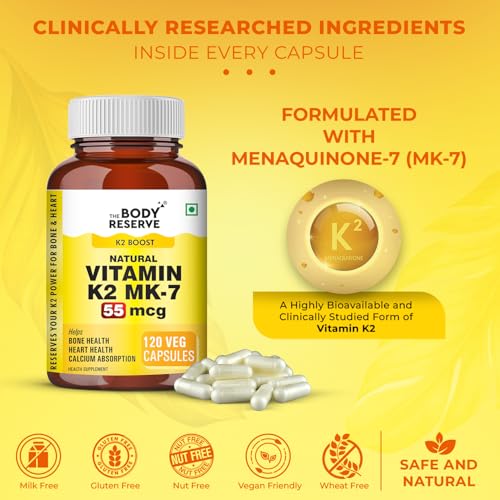 Image of The Body Reserve Vitamin K2 MK7 55 mcg - Highly Bioavailable Menaquinone-7 | Better Calcium Utilization for Strong Bones & Heart Health | Activates Osteocalcin & Matrix GLA Protein | 120 Vegetarian Capsules