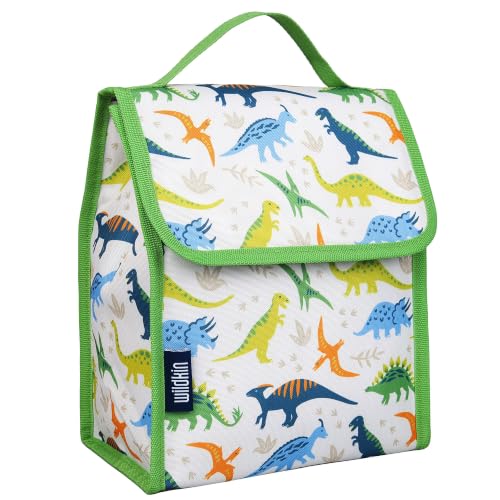 Image of Wildkin Insulated Lunch Bag for Kids, Dinosaur Adventures | 10 x 8.5 x 5 in insulated fold-flat lunch bag with touch closure, sturdy carry handle and wipe-clean lining.