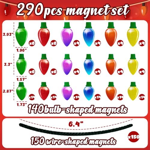 Image of 290PCS Christmas Car Refrigerator Decorations - 140 Reflective Bulb Light Shaped Magnets 150 Magnetic Wires Ornaments Set Xmas Holiday Cute Decor