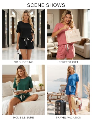 Image of LOCUBE Women's Pajama Set Soft Comfy 2-Piece Short Sleeve Lounge Sleepwear with Drawstring Shorts and Pockets