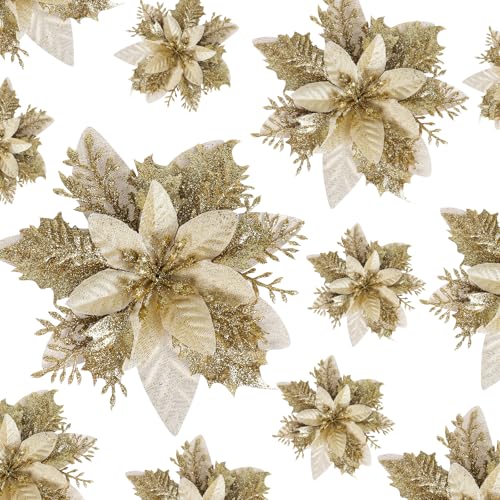 SULOLI 12pcs Fleurs Artificielles-14cm Fleurs de Noël Clignotant-Arbre de Noël Ornements avec Clips pour Décoration Noël (Or)