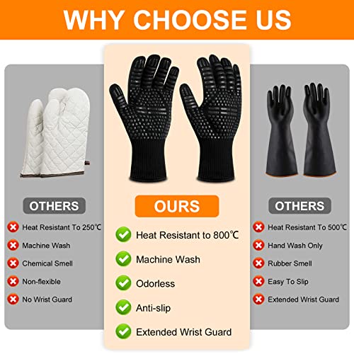 Flintronic Grillhandschuhe Hitzebeständig mit 800°C, Feuerfeste Handschuhe, Backhandschuhe, Kochhandschuhe, Ofenhandschuhe, für Backen, Küche & Grillen - Schwarz