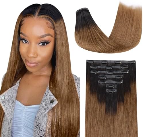 Lashey Seamless Clip in Hair Extensions Human Hair 14 Inch 110g 7pcs Yaki Straight Ombre Natural Black to Medium Auburn Clip in Hair Extensions with Soft PU weft
