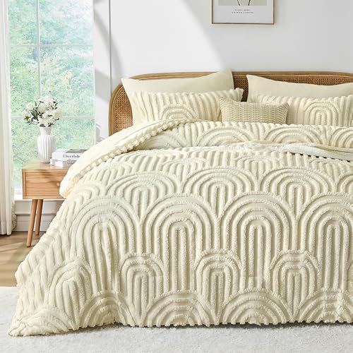 Nesker Boho Queen Comforter Set, 7 Pcs Tufted Beige Bedding