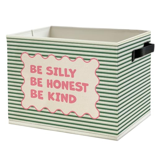 Image of Inspirational Nursery Storage Bins Box with Handles, Be Silly Honest Kind Motivational Pink and Green Striped Collapsible Basket Organizer for Kids Room Bedroom Bathroom Books Clothes