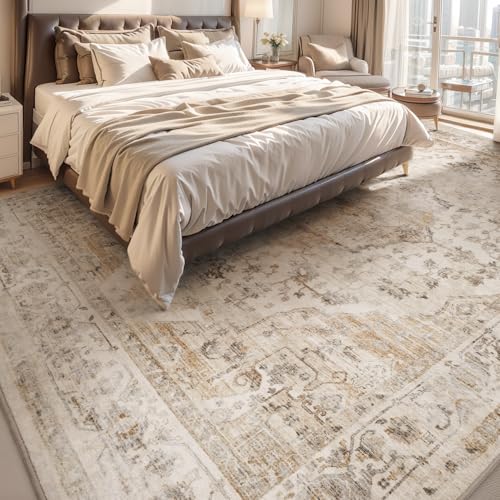 AMOAMI-4X6 Area Rugs for Living Room -Soft Vintage Bedroom Rugs-Non Slip Washable Rug-Throw for Living Room Bedroom Bedside Dining Room Office Beige