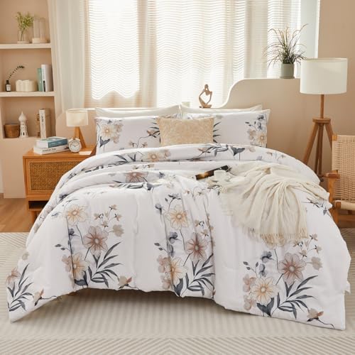 STYHO Floral King Size Duvet Cover Sets 3 Pcs Luxury Beige Blossom Flower Quilt Covers Soft Aesthetic All Season Farmhouse Bedding Sets with Pillowcases(Beige, King)