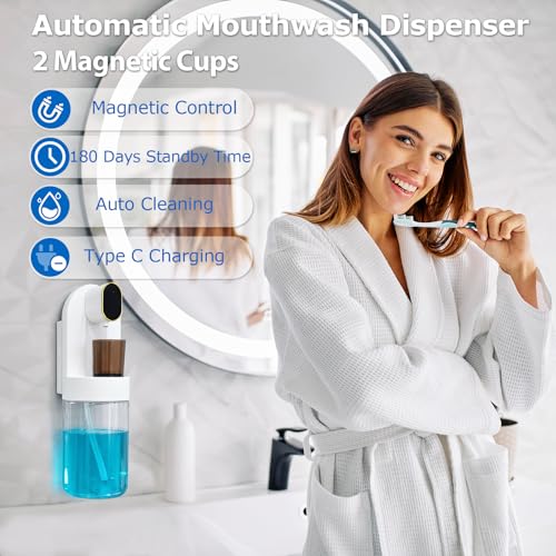 Image of Automatic Mouthwash Dispenser for Bathroom, 21.12oz(600 ml)Touchless Smart Mouth Wash Dispensers Bathroom Accessories Set with 2 Magnetic Cups, 4 Modes Wall Mounted Mouth Wash Dispenser for Home & Kid