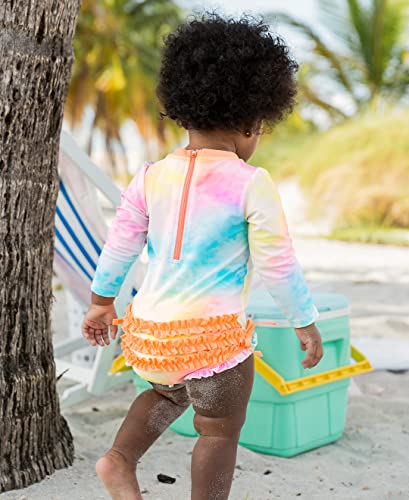 Image of RuffleButts Baby Girls UPF 50+ Sun Protection Floral Printed Long Sleeve One Piece Rash Guard Swimsuit with Zipper
