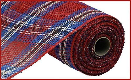 Plaid Poly Burlap Mesh, July 4 and Independence Day Red White Blue Plaid Stripe 10 Inches x 10 Yards
