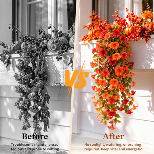 Image of Lewondr Artificial Fall Hanging Flowers UV Resistant Silk Petunias, Orange | Morning Glory, No Watering Needed, Fade Proof, for Porch Patio Balcony Yard Baskets, Autumn Decorations, Indoor Outdoor Use