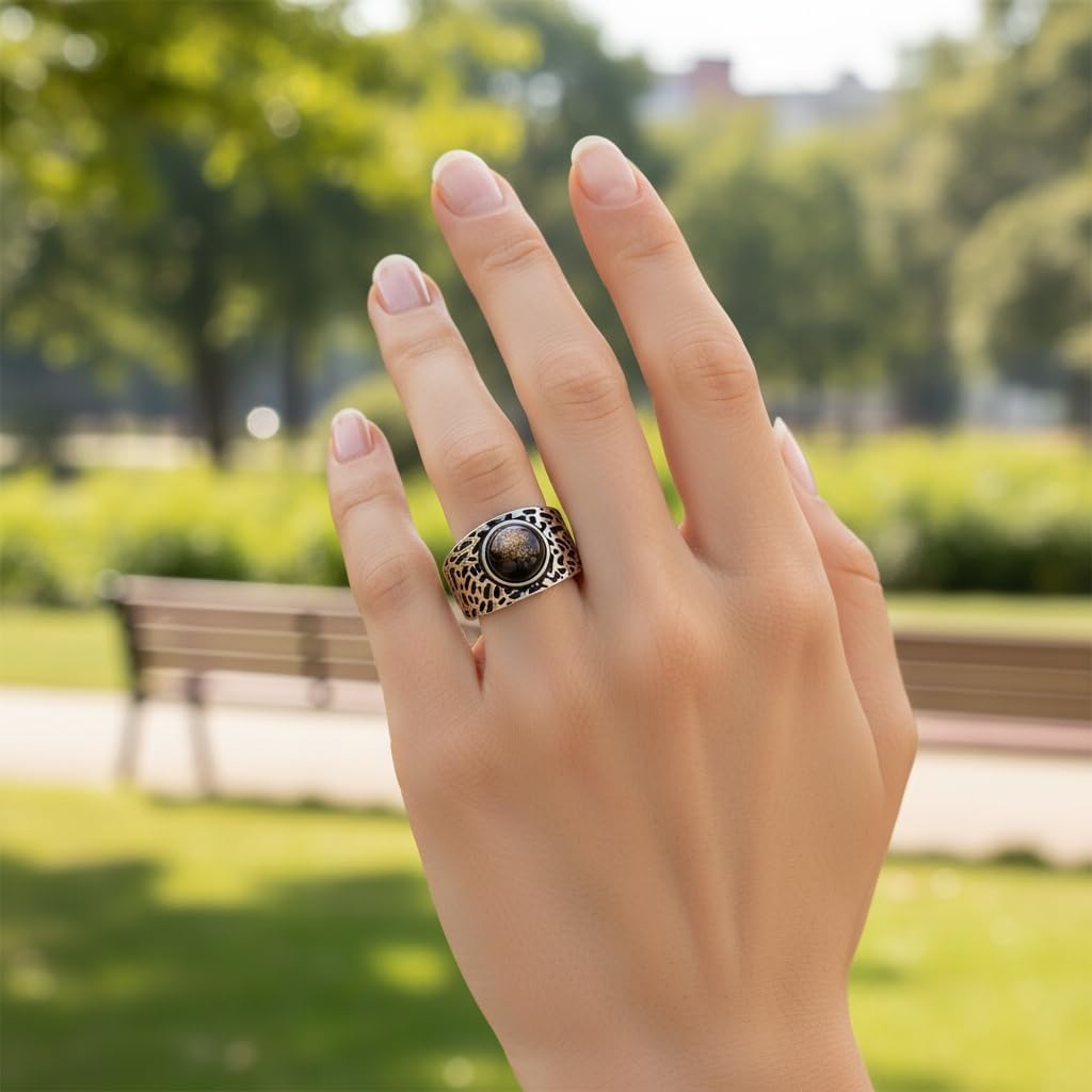HAIXIAN Natural Black Obsidian Hammered Textured Wide Band Ring,Retro Sterling Silver Statement Thumb Index Chunky Cocktail Party Boho Bohemian Jewelry for Women