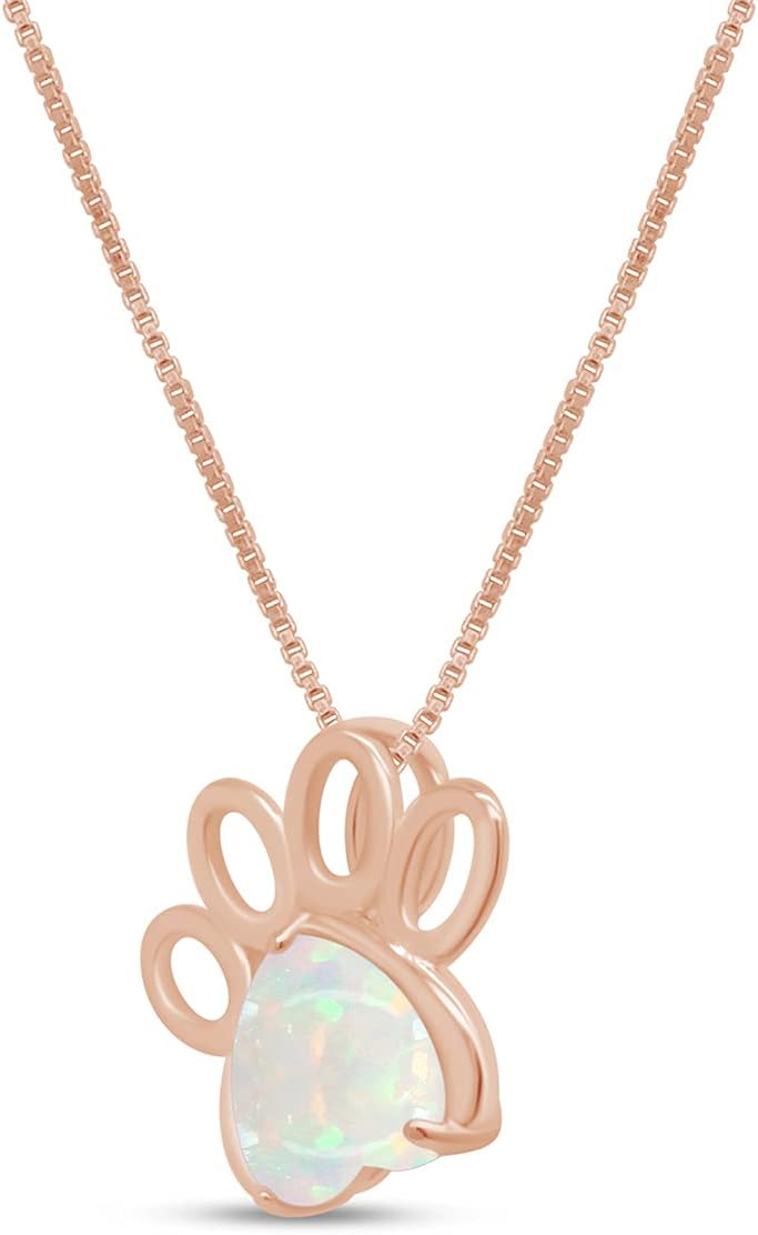 AFFY 7MM Heart Cut White Created Opal Paw Print Pendant Necklace In 14K Gold Plated 925 Sterling Silver Along With 18"+2" Adjustable Chain
