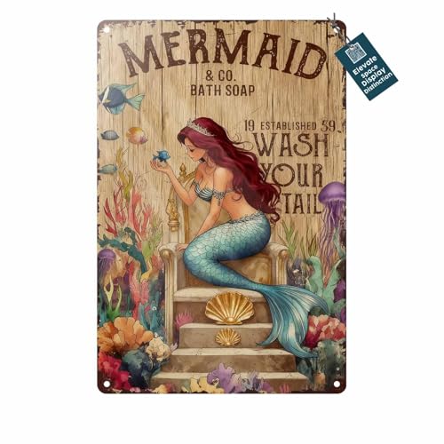 Waltheon Mermaid Wall Decor for Home Bathroom Mermaid And Co Bath Soap Wash Your Tail Metal Signs Funny Wall Decor for Bathroom Toilet Home Bar Cafe 8x12inch