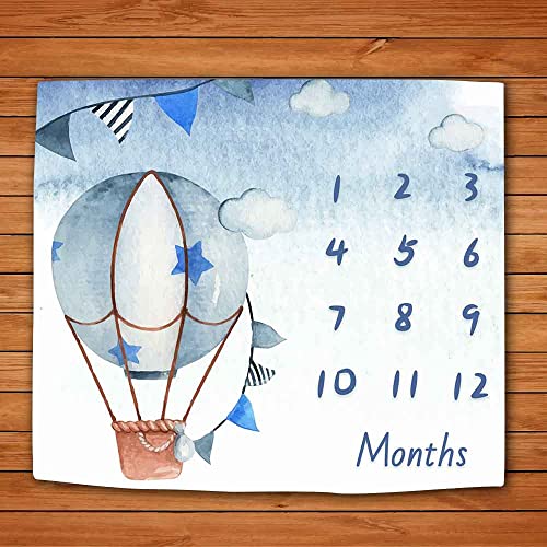 Image of Blue Baby Monthly Milestone Blanket, Cartoon Hot Air Balloon Star Newborn Photo Blanket, 48x40 Inches