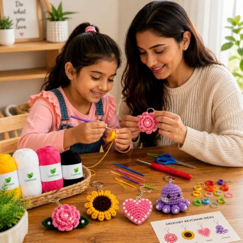 Image of Crochet Kit with Soft Grip Handles - Full Crochet Hook Set for Beginners & Yarn Lovers - Ergonomic Crochet Tools for DIY Craft & Gifting (Beginners kit Keychain)