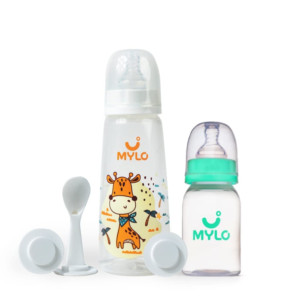 Mylo Baby 2 in 1 Feeding Bottles with Spoon for New Born Baby (125ml + 250ml) | Anti Colic & BPA Free Feeding Bottles | Feels Natural Baby Bottle | Easy Flow Neck Design- Sea Green + Giraffe-picture-10