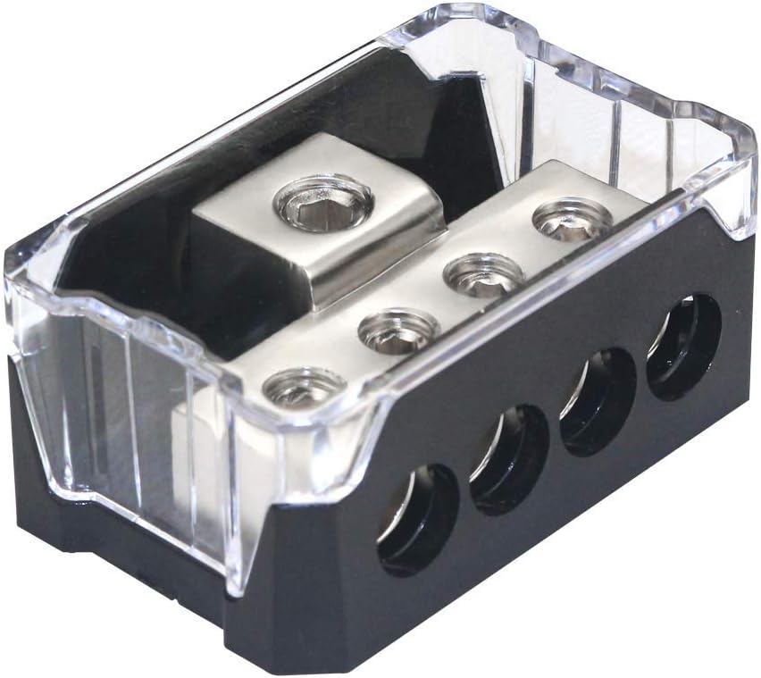 4 Way Power Distribution Block, 0/2/4 AWG Gauge in, 4/8/10 Gauge Out, Car Audio Stereo Amp Distribution Connecting Block for Audio Splitter (1 in 4 Out)