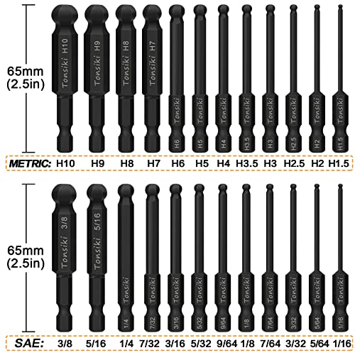 Tonsiki Ball End Hex Head Allen Wrench Drill Bit Set (24Pcs Metric & Sae), Upgraded 1/4" Quick Release Shank Magnetic S2 Steel Ball End Hex Screwdriver Bit Set, Perfect For Ikea Type Furniture #TOP1