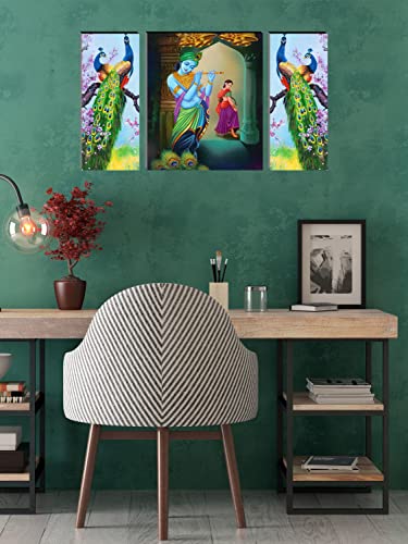 Image of Indianara Set of 3 Abstract Radha Krishna with Peacock MDF Art Painting (3821FL) without glass 4.5 X 12, 9 X 12, 4.5 X 12 INCH