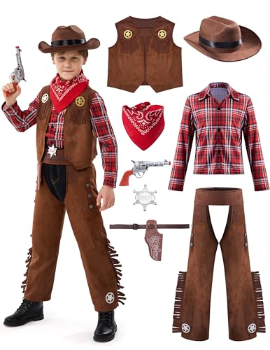Spooktacular Creations Halloween Cowboy Costume for Boys, Kids Brown Western Costume, Child Deluxe Cowboy Outfit Set for Toddler Halloween Dress-up, RolePlay Themed Party (Small, 5-7 yrs)