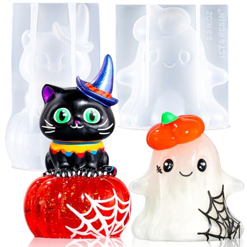 LETS RESIN Halloween Resin Molds Silicone Ghost Silicone Molds & Cat Pumpkin Epoxy Resin Molds with Witch Hat Perfect for Resin Casting Halloween Party Thanksgiving Autumn Decor Gifts(2PCS)