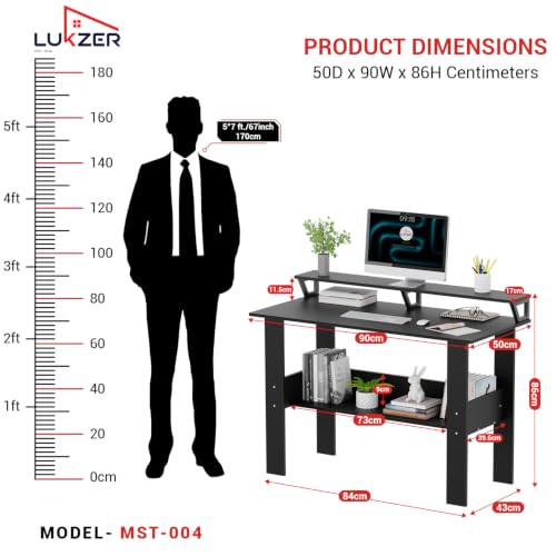 Image of Lukzer Study Table with Monitor Riser & Open Book Shelf (MST-004 /Black) Engineered Wood Computer Table for Laptop, PC & Home Office, DIY Office Desk with Storage Organizer Shelf (90 x 86 x 50 cm)