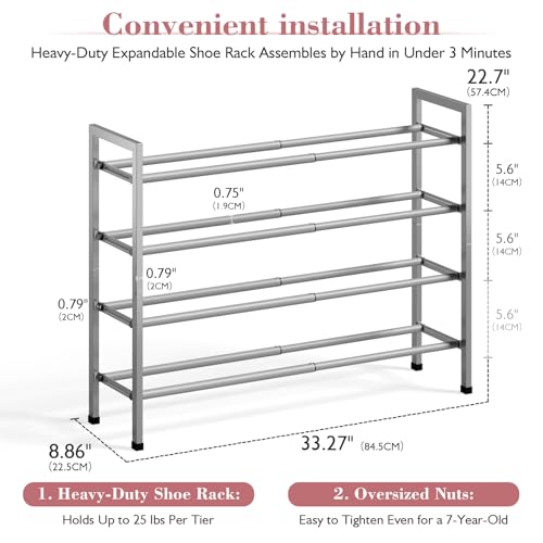 Image of Bumusty 4-Tier Expandable Shoe Rack for Closet, 18 inch-33 inch Adjustable Shoe Rack for Small Space, Small Shoe Organizer for Front Door, Sturdy Metal, Light Grey