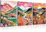 3Pcs Colorful Watercolor Mountain Canvas Wall Art Boho Floral Painting Picture Wall Decor Abstract Nature Landscape Poster Print Artwork for Living Room Bedroom Bathroom Office Home Decoration