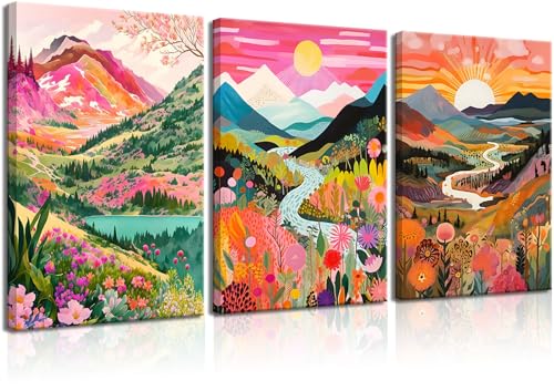 3Pcs Colorful Watercolor Mountain Canvas Wall Art Boho Floral Painting